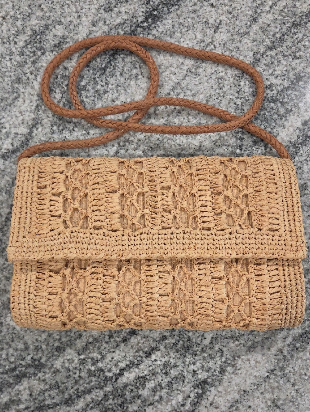 Mar Y Sol Handwoven Tan Crochet Crossbody Bag with Braided Strap